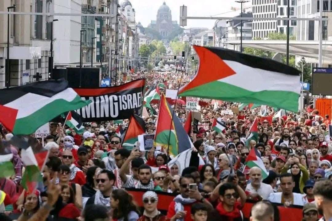 כ־140 אלף מפגינים: משלחת פלסטין בבריסל השתתפה בצעדת "הקו האדום למען עזה"