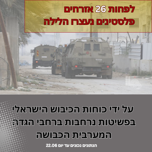 כוחות הכיבוש עצרו 26 פלסטינים ברחבי הגדה – בהן שתי נשים