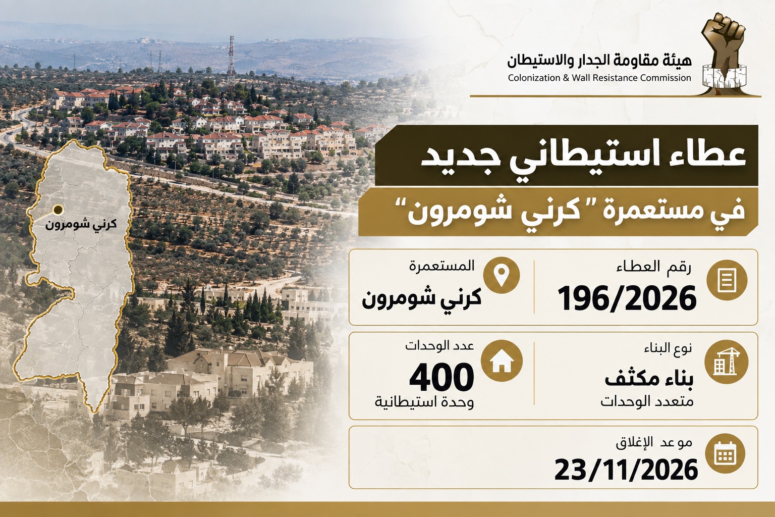 רשויות הכיבוש פרסמו מכרז לבניית 400 יחידות בהתנחלות קרני שומרון