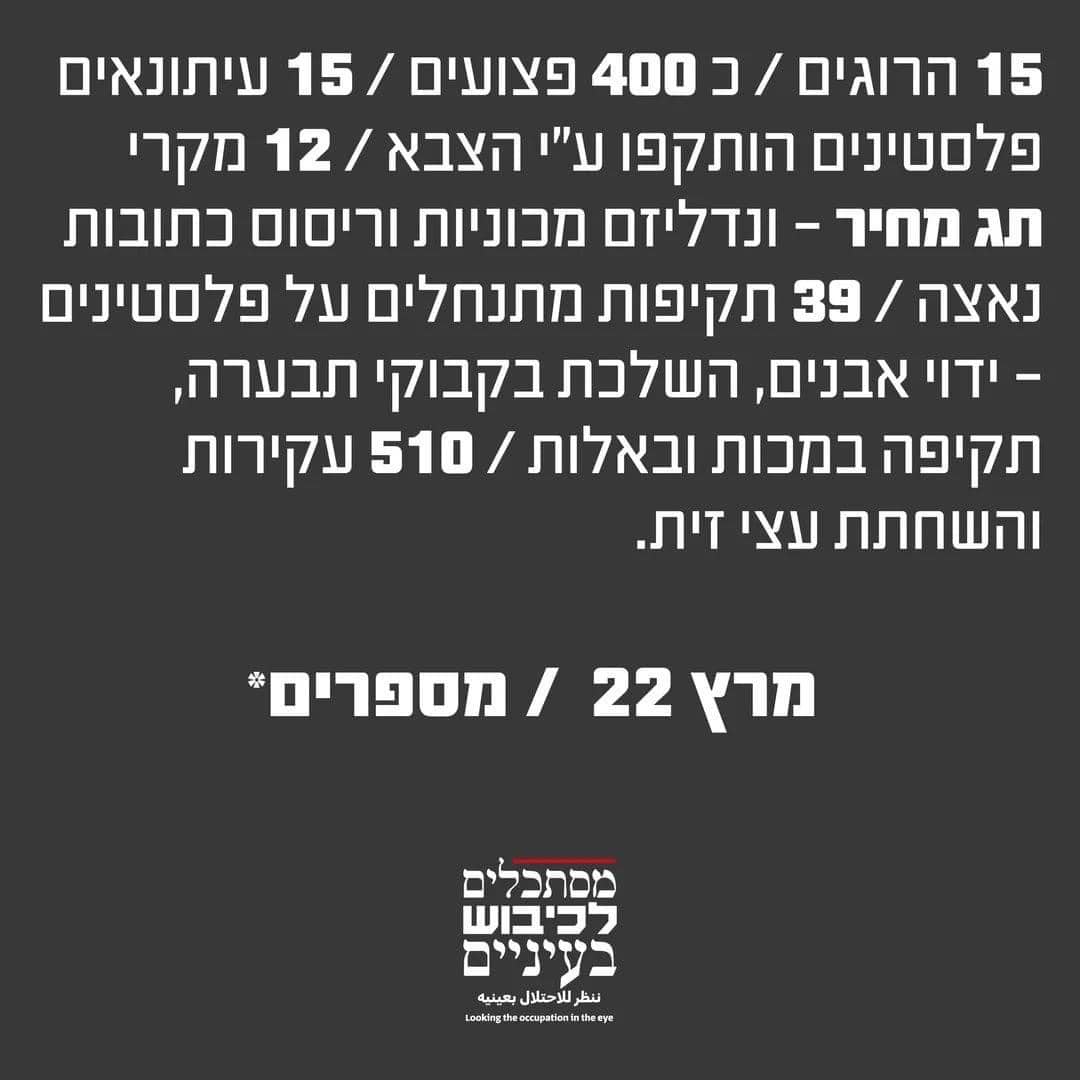 בחודש אחד נרצחו 15 פלסטינים ו 400 נפצעו