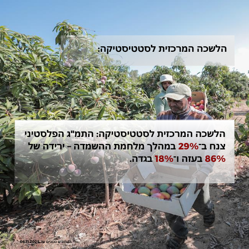 התמ"ג הפלסטיני צנח ב־29% במהלך מלחמת ההשמדה – ירידה של 86% בעזה ו־18% בגדה.