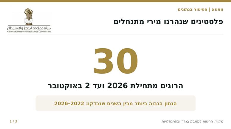 30 פלסטינים נהרגו מירי מתנחלים מתחילת 2026 — יותר מפי שניים מבשנה שעברה